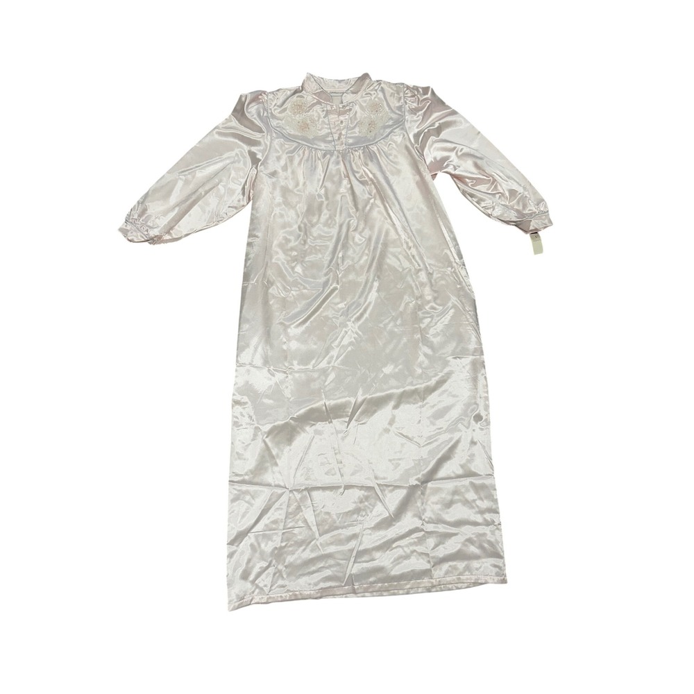 Vintage Silvercord Pink Satin Nightgown Floral Embroider gran Long Sleeve NWT L
